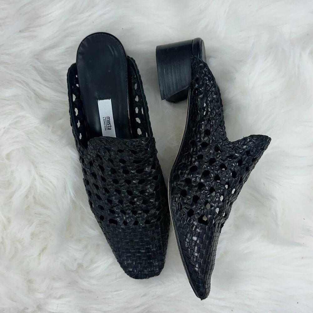 Miista London Black Woven Leather Mule Heels Cutout Square Toe